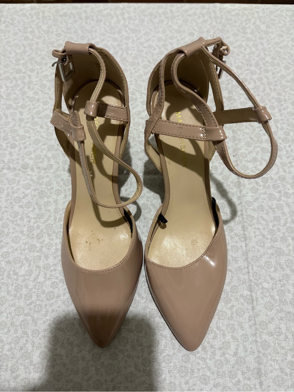 Marc Fisher Beige Patent Leather Pointed Toe Wedge Strappy Heels 6M